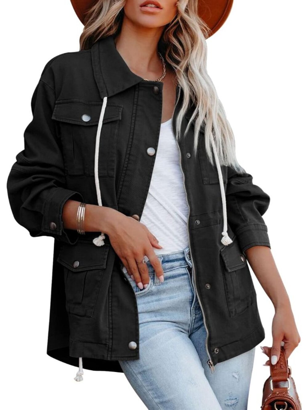 〽️Women's Black Cotton Military Anorak Zip Up Safari Utility Lightweight Coat